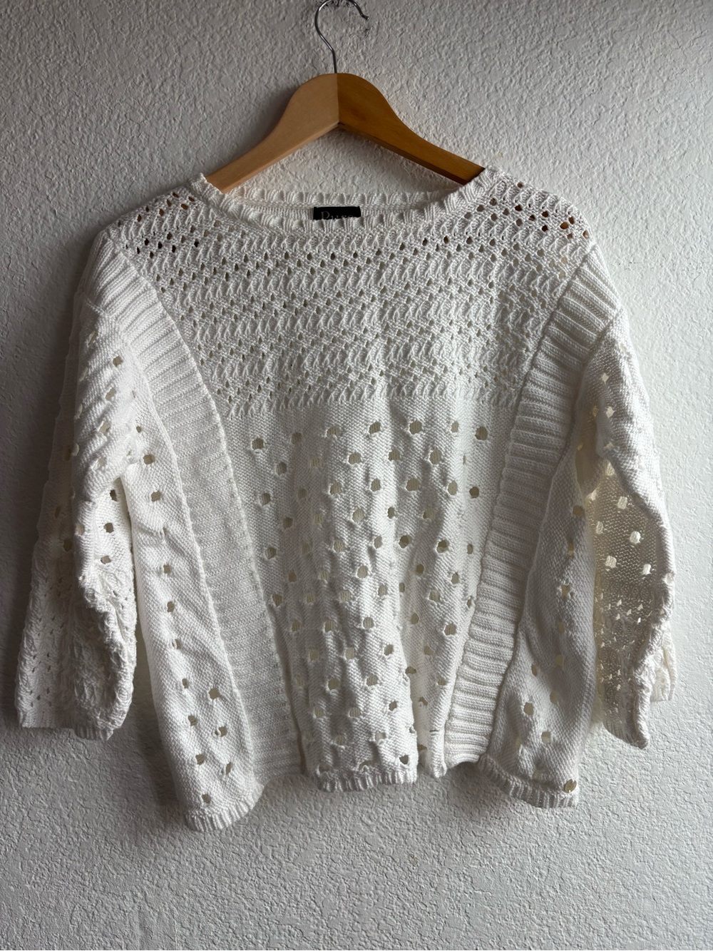 Pure Handknit Cotton White Open Weave Scoop Neck Sweater Medium Large